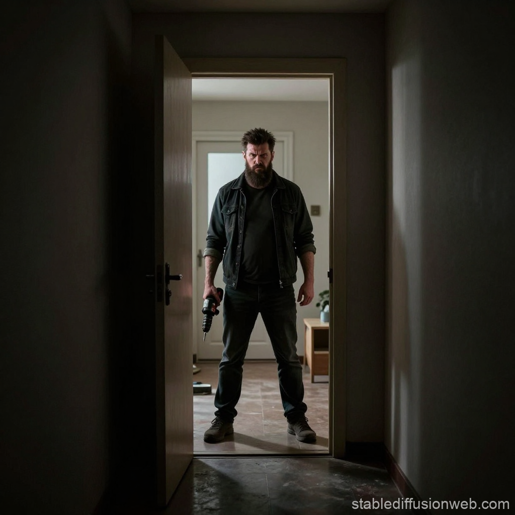 Angry Man Standing in Doorway Holding Power Drill