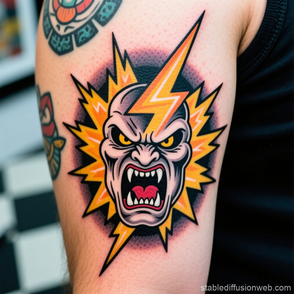 Angry Vampire Head with Lightning Bolt Tattoo