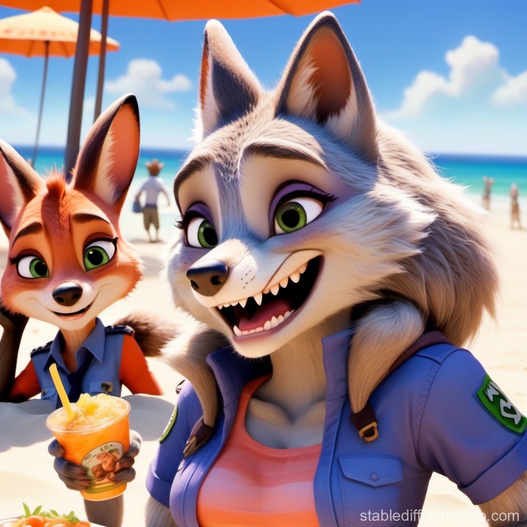 Animated Anthropomorphic Foxes Enjoying a Beach Day