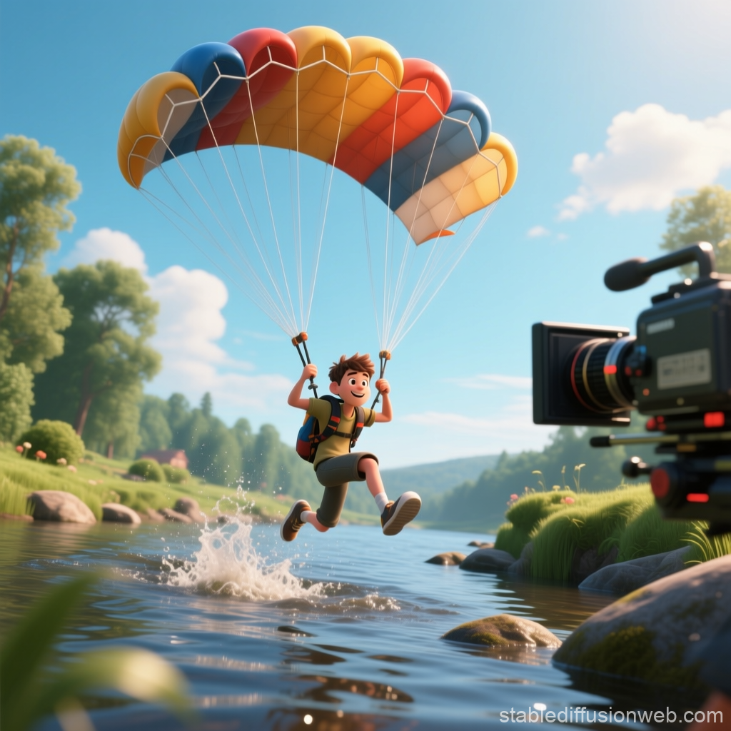 Animated Boy Parachuting into River with Camera Filming