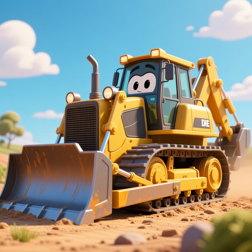 Animated Bulldozer with Friendly Face on Construction Site