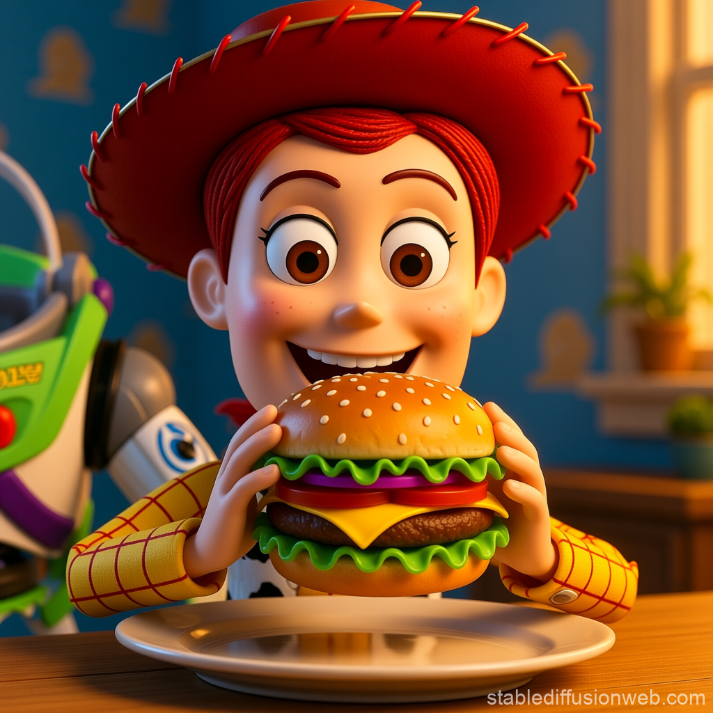 Animated Character Enjoying a Cheeseburger