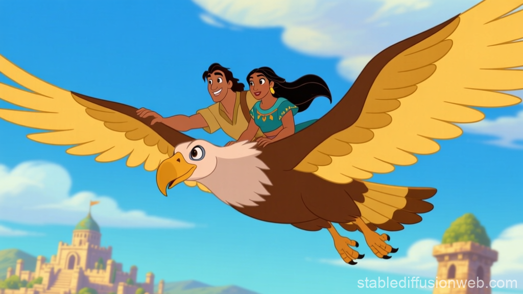 Animated Characters Riding a Giant Eagle in a Fantasy Sky