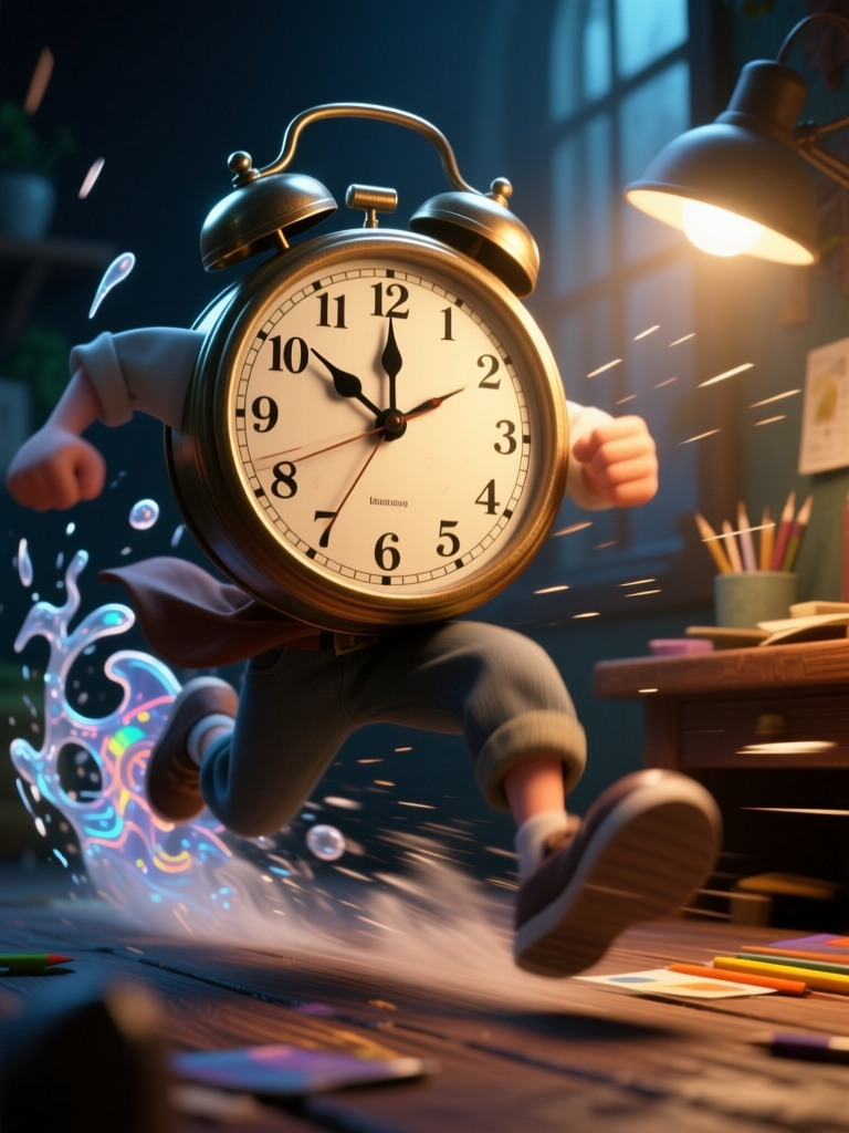 Animated Clock Character Rushing Through a Room