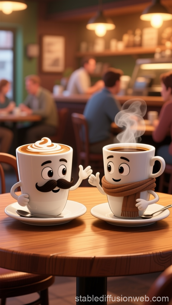 Animated Coffee Cups Chatting in Cozy Café