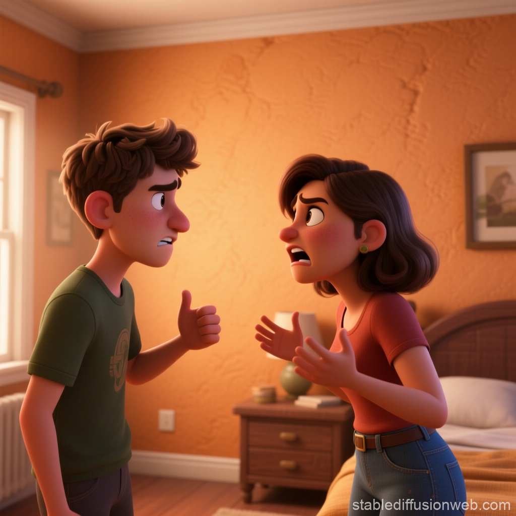 Animated Couple Arguing in Cozy Bedroom