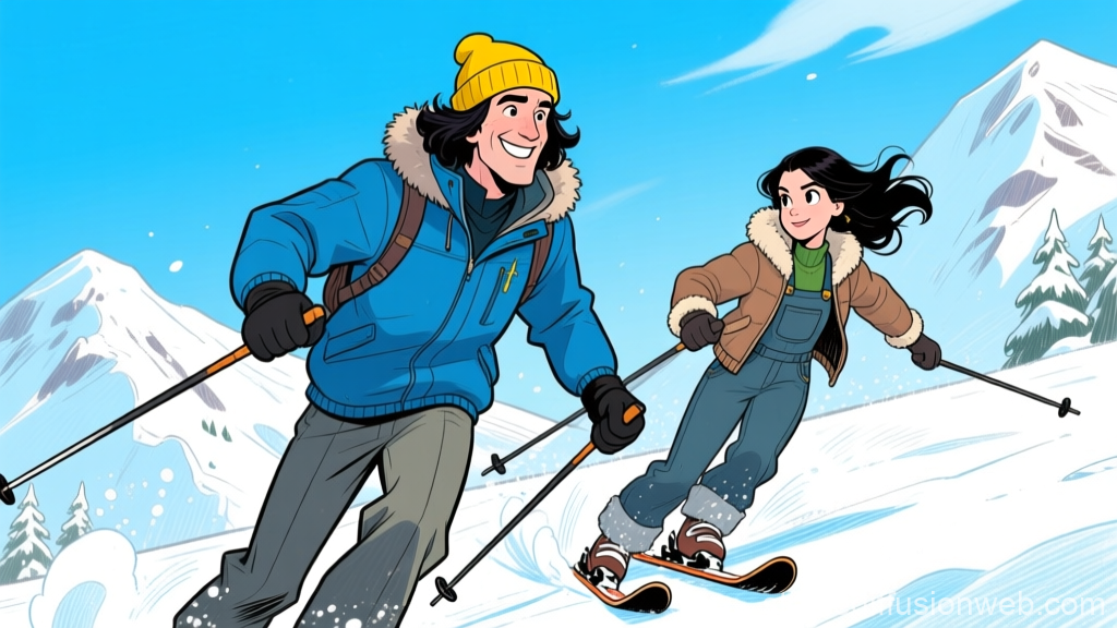 Animated Couple Skiing Joyfully on Snowy Mountains