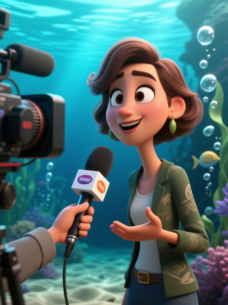 Animated Female Journalist Interviewing Underwater