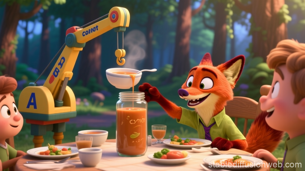 Animated Fox and Kids Enjoying Soup with Crane Pouring