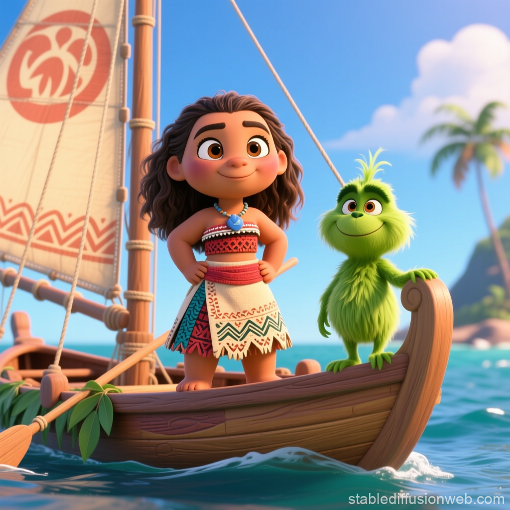 Animated Girl and Green Creature on Traditional Boat