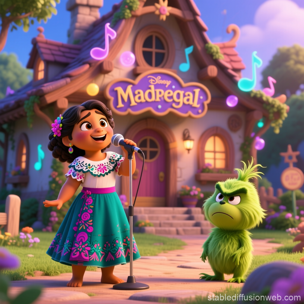 Animated Girl Singing with Grumpy Green Creature Outside Cottage