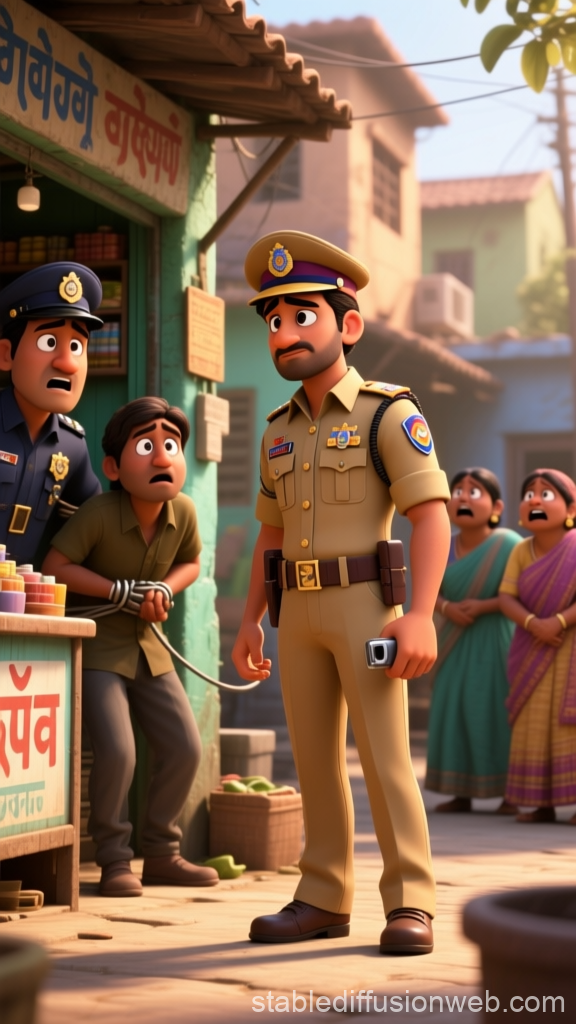 Animated Indian Police Officer in Village Scene