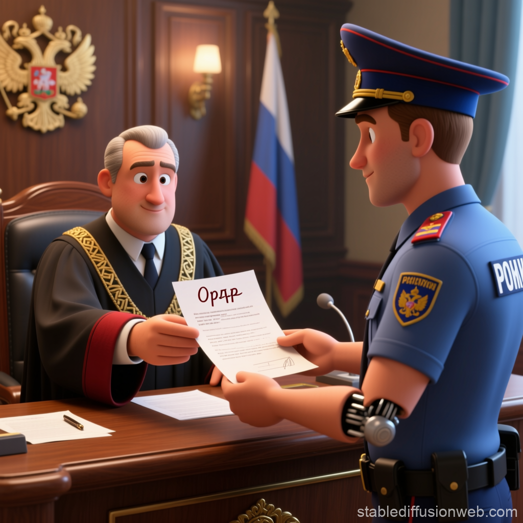 Animated Judge Hands Order to Police Officer in Courtroom