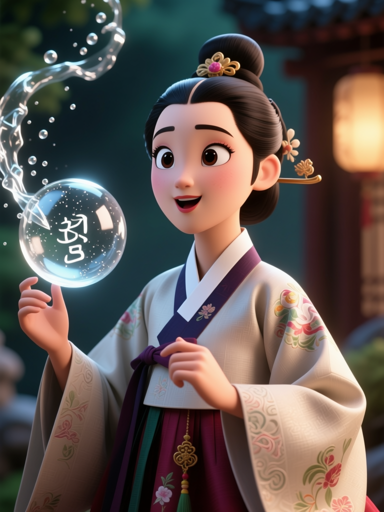 Animated Korean Traditional Speech Scene with Magical Bubble