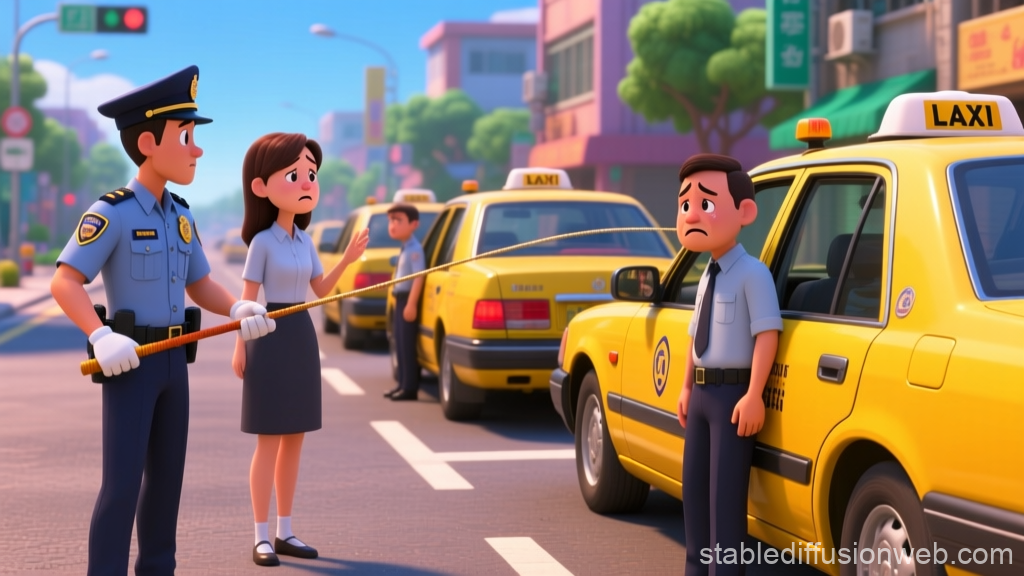 Animated Policemen Lecturing Taxi Drivers on City Street