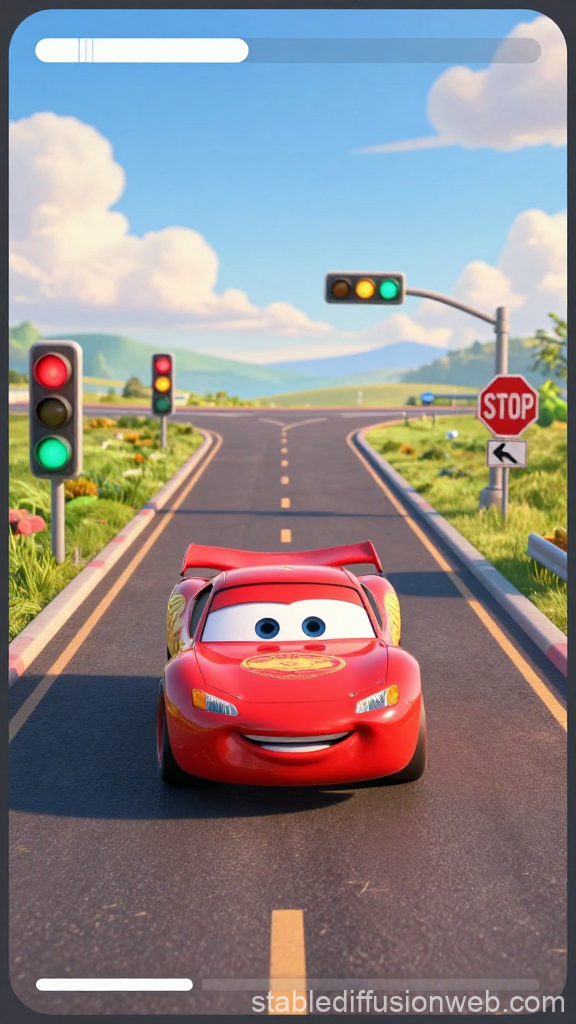 Animated Red Race Car on Sunny Road with Traffic Lights