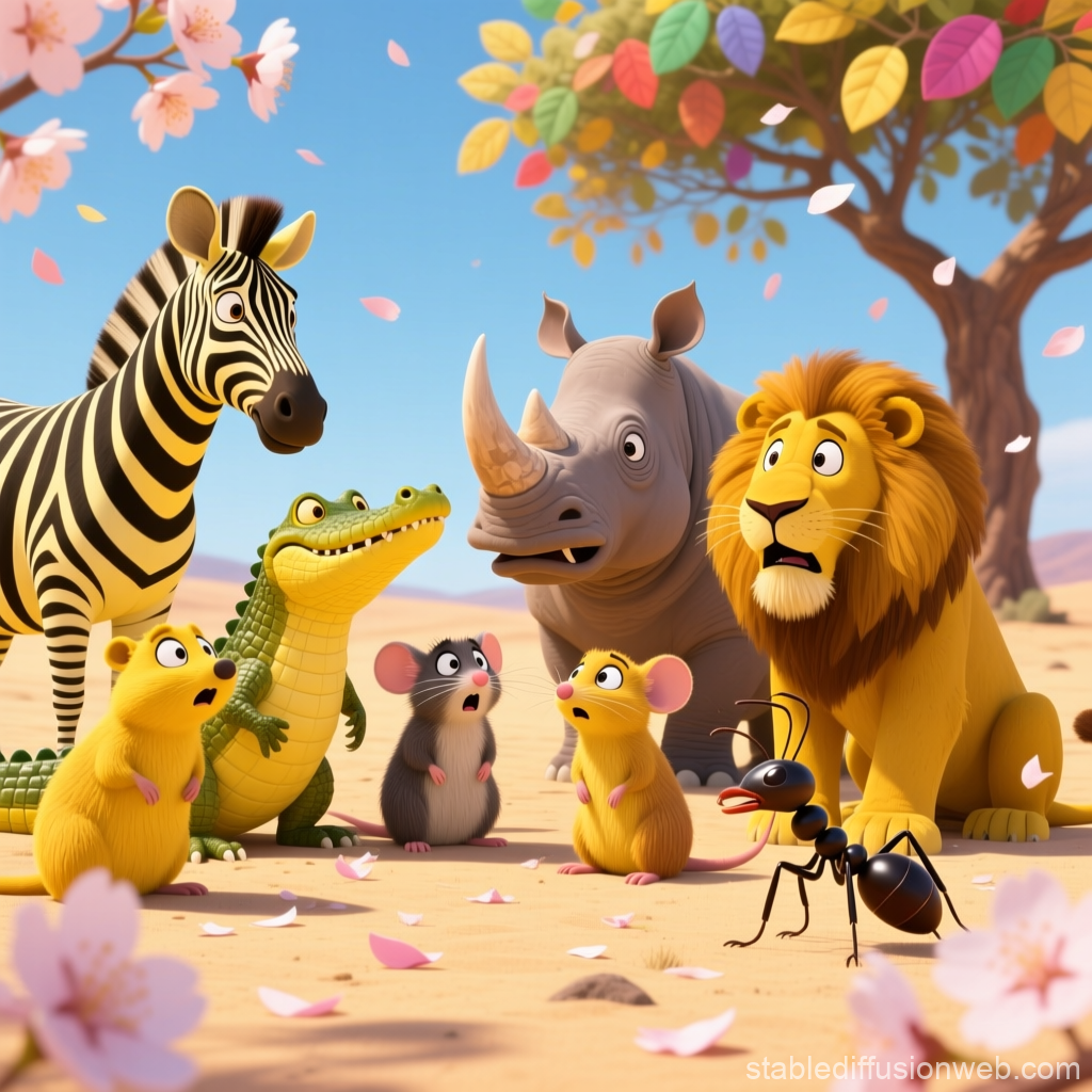 Animated Safari Animals Gathered in Desert with Blossoms