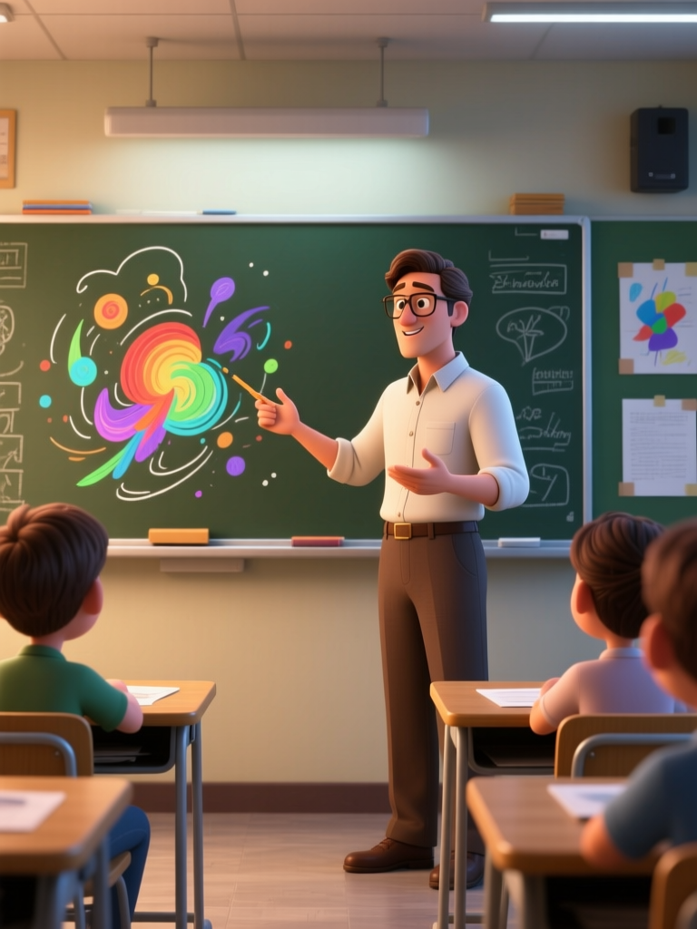 Animated Teacher Explaining Colorful Science Concept in Classroom