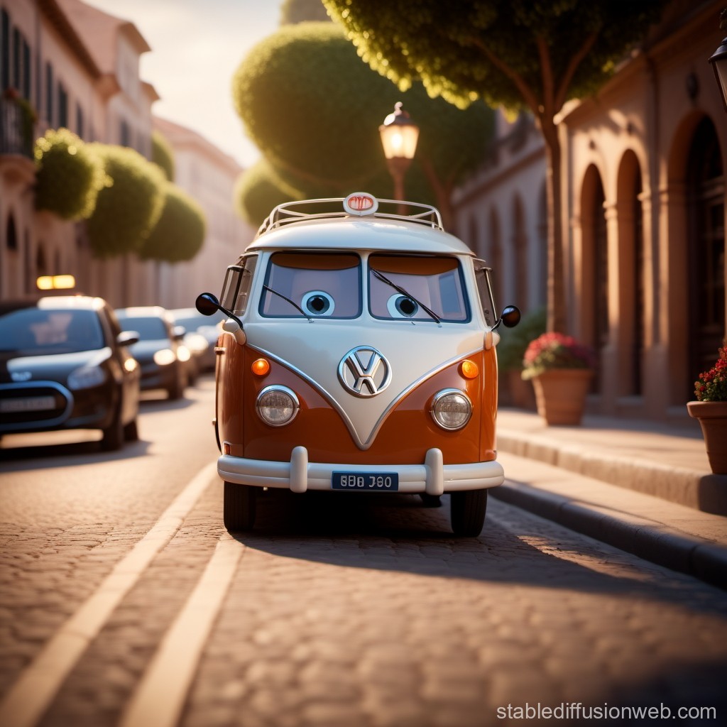 Animated Vintage Van with Expressive Eyes on Sunny Street