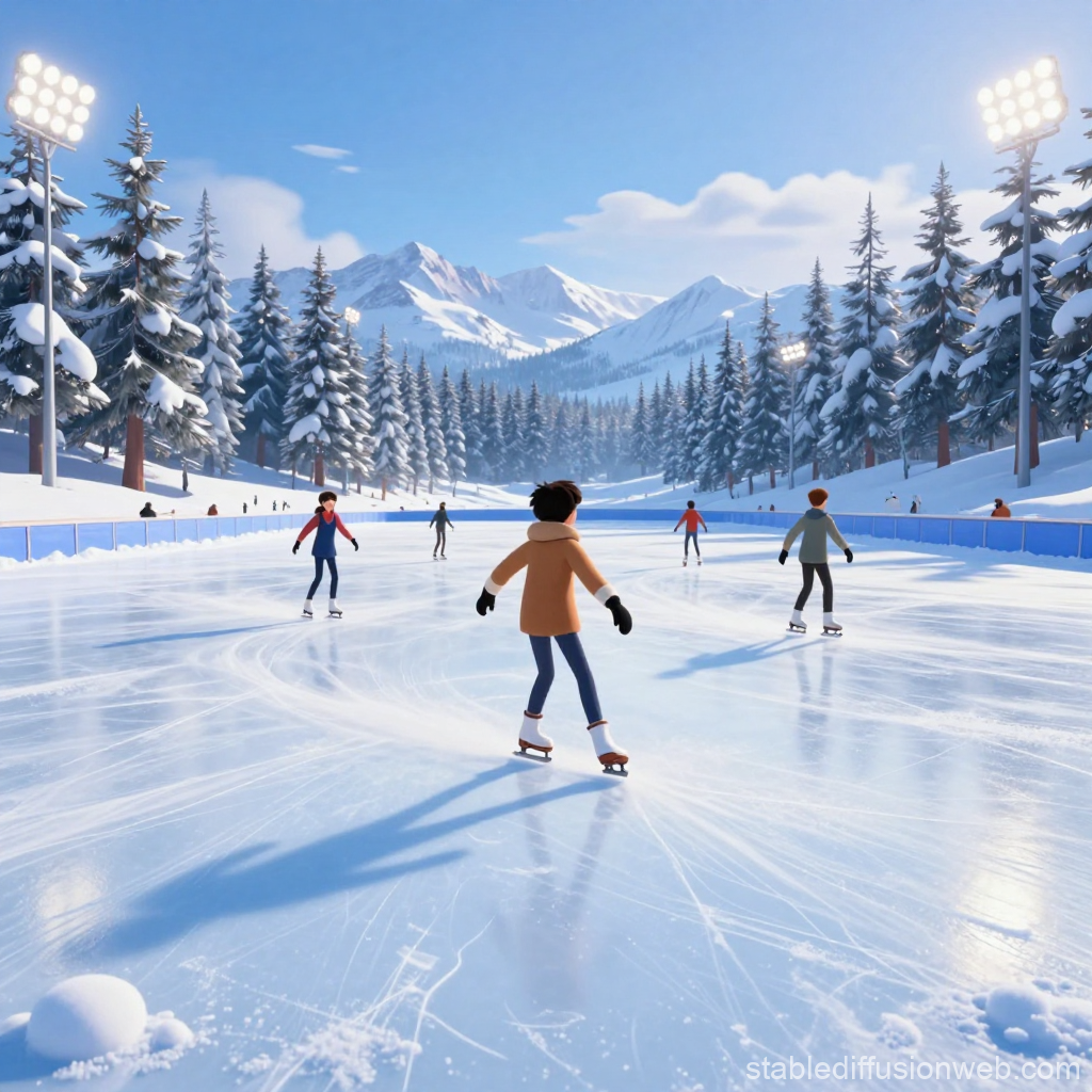 Animated Winter Ice Skating Scene in Snowy Mountain Landscape