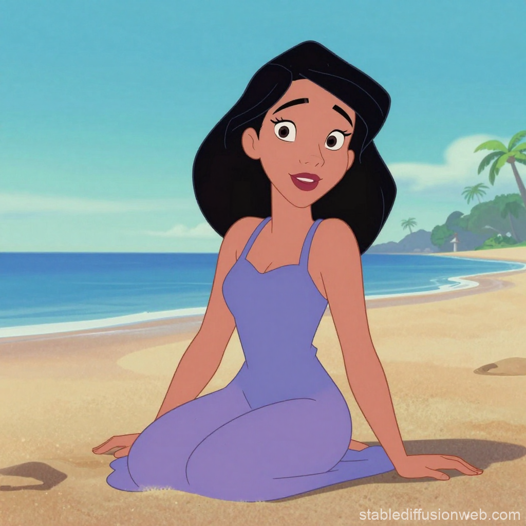 Animated Woman in Purple Dress Sitting on Beach