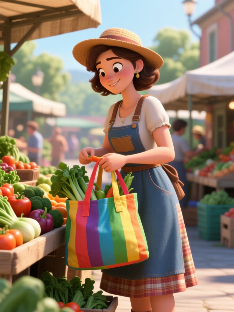 Animated Woman Shopping at Farmers Market with Colorful Tote