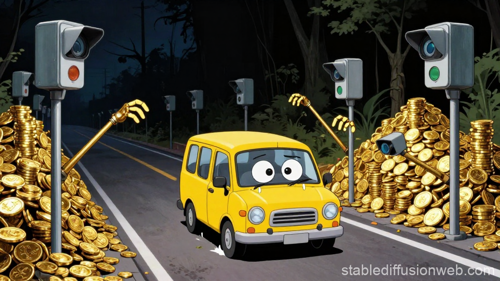 Animated Yellow Taxi Surrounded by Gold Coins and Surveillance Cameras