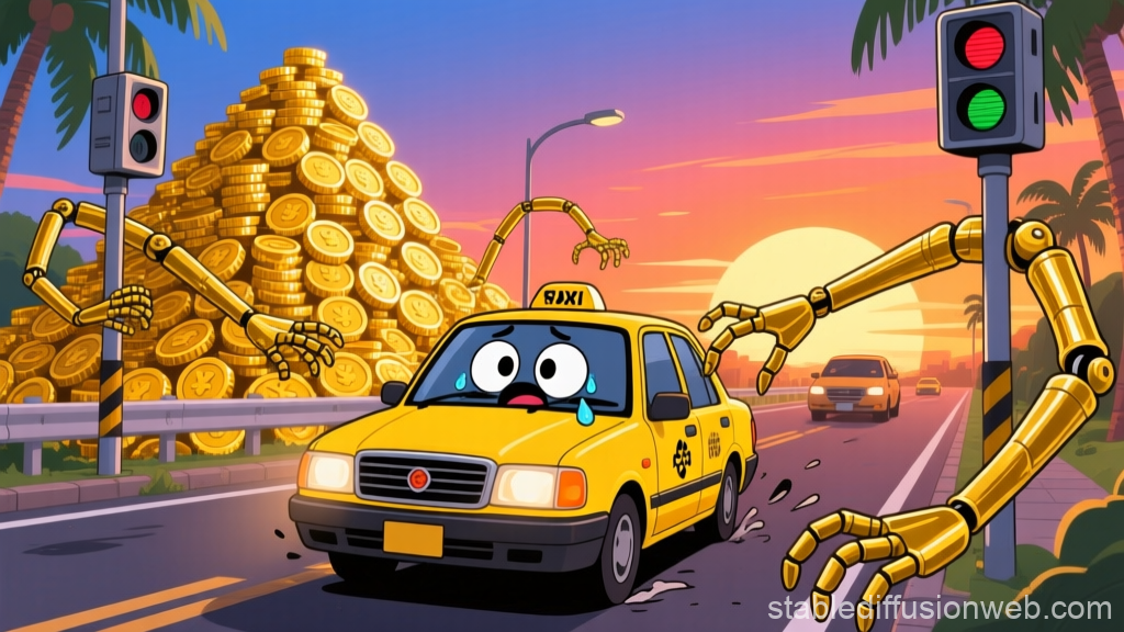 Animated Yellow Taxi Surrounded by Robotic Arms at Sunset