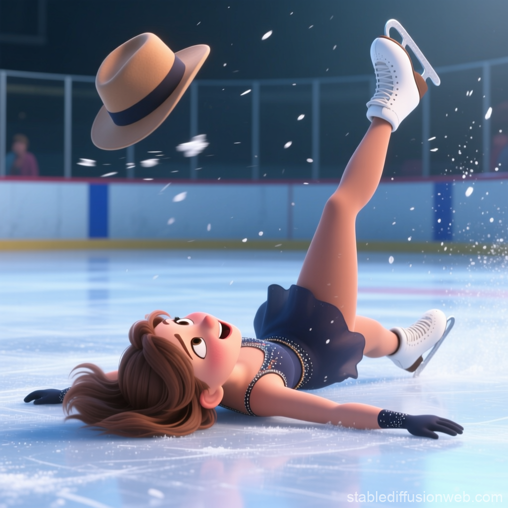 Animated Young Woman Falling on Ice Rink