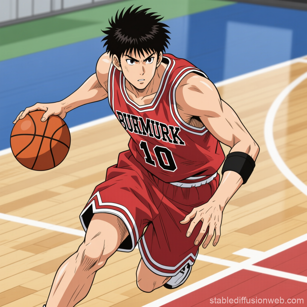 Anime Basketball Player Dribbling on Court