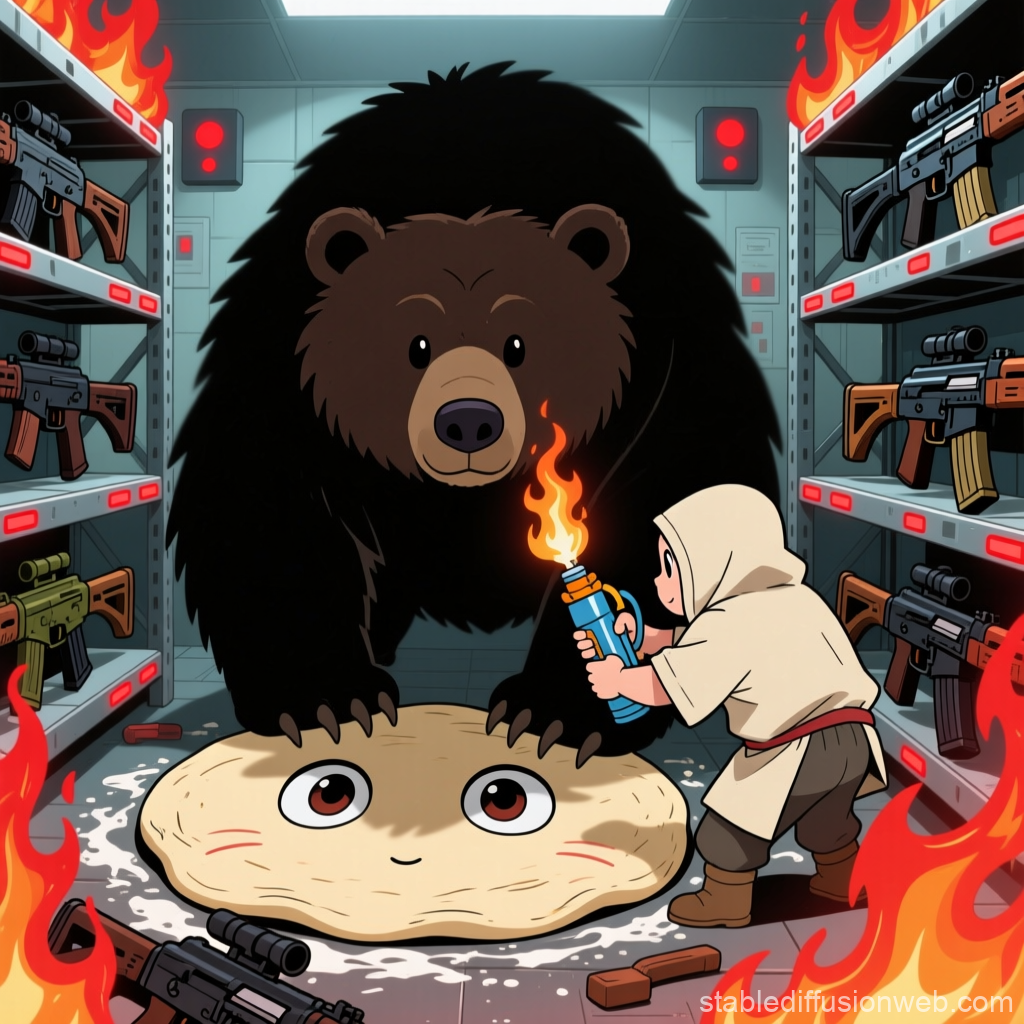 Anime Bear and Child with Flammable Bread in Armory