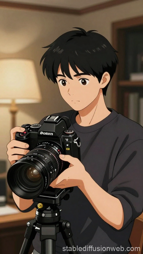 Anime Boy Adjusting Professional Camera on Tripod