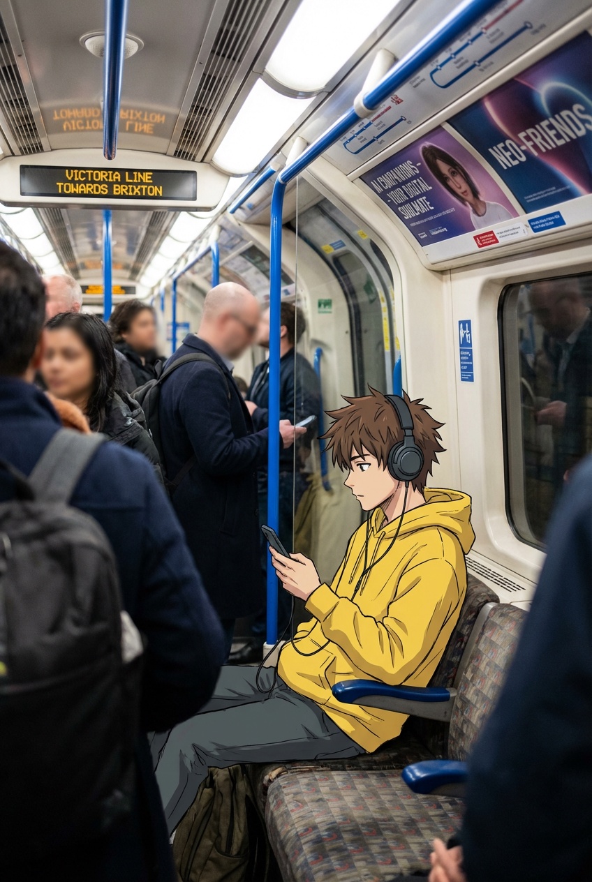 Anime Boy Listening to Music on the London Underground