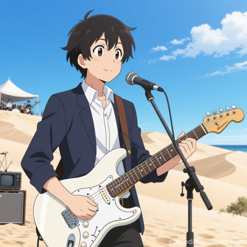 Anime Boy Playing Electric Guitar in Desert Setting