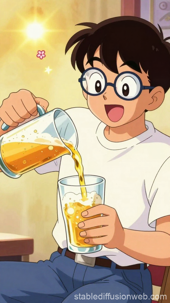 Anime Boy Pouring Beer with Joyful Expression