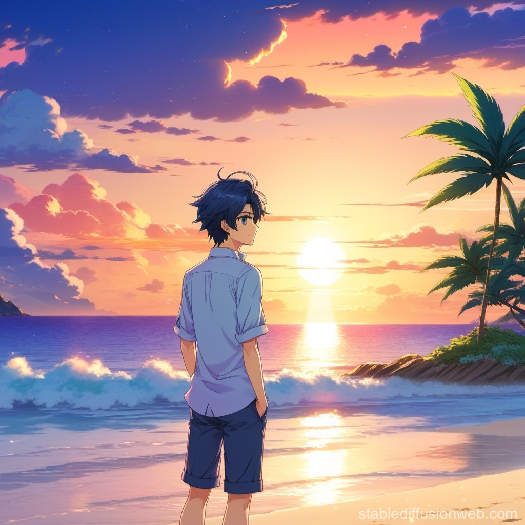 Anime Boy Watching Sunset on Tropical Beach