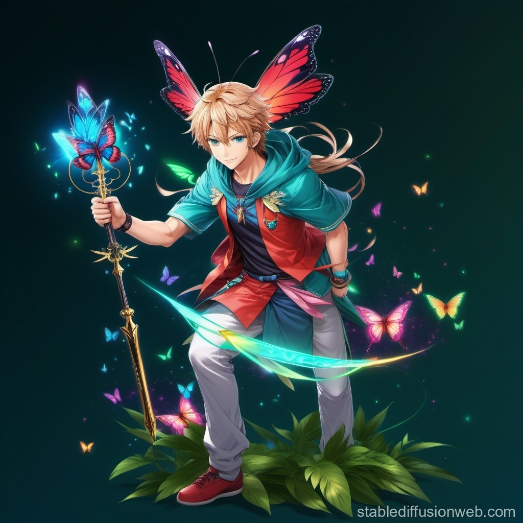 Anime Boy with Butterfly Wings and Magical Staff