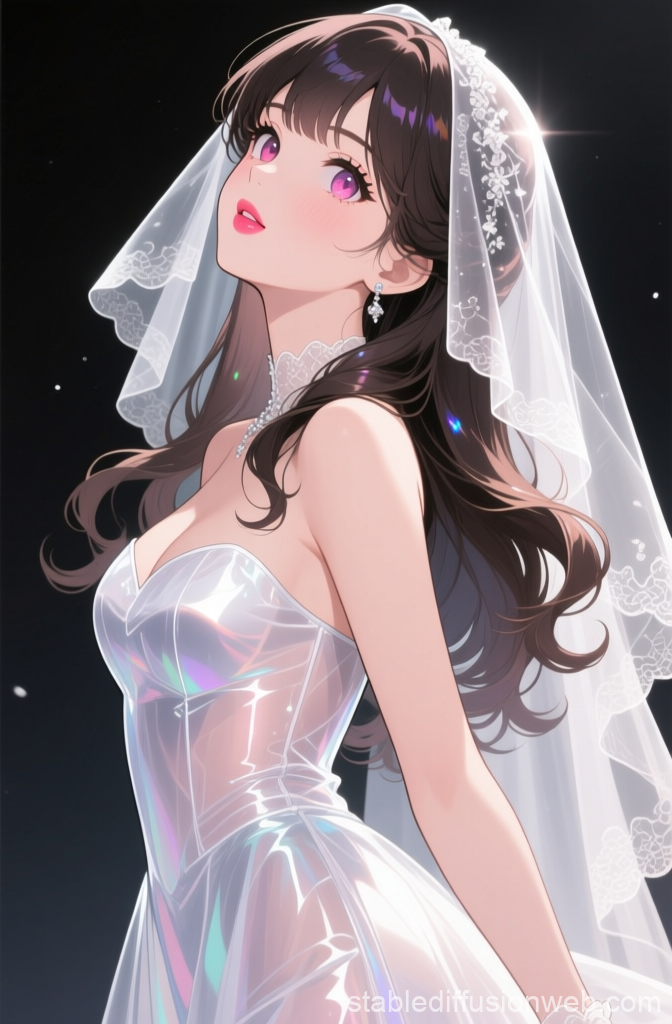 Anime Bride in Elegant Veil and Iridescent Dress