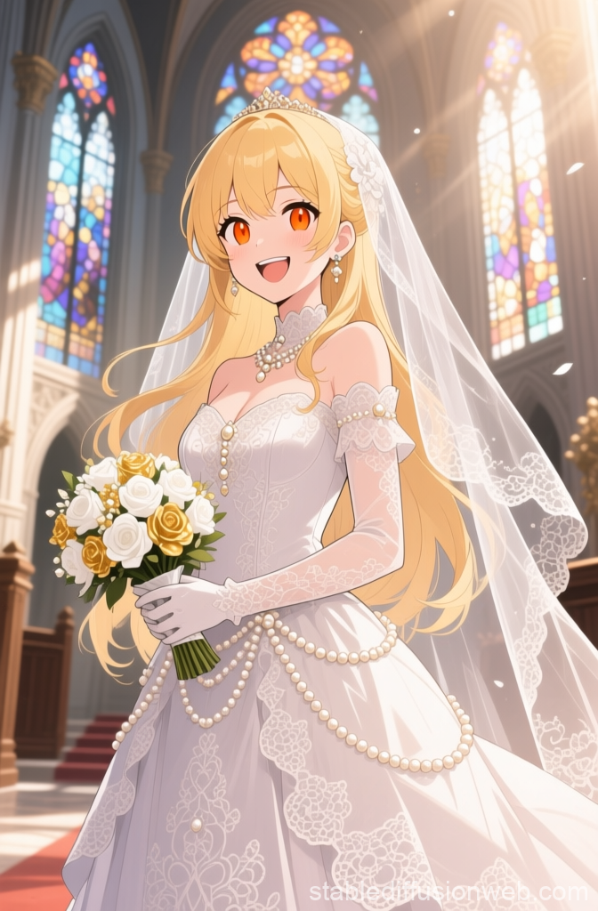 Anime Bride in Elegant Wedding Dress in Cathedral