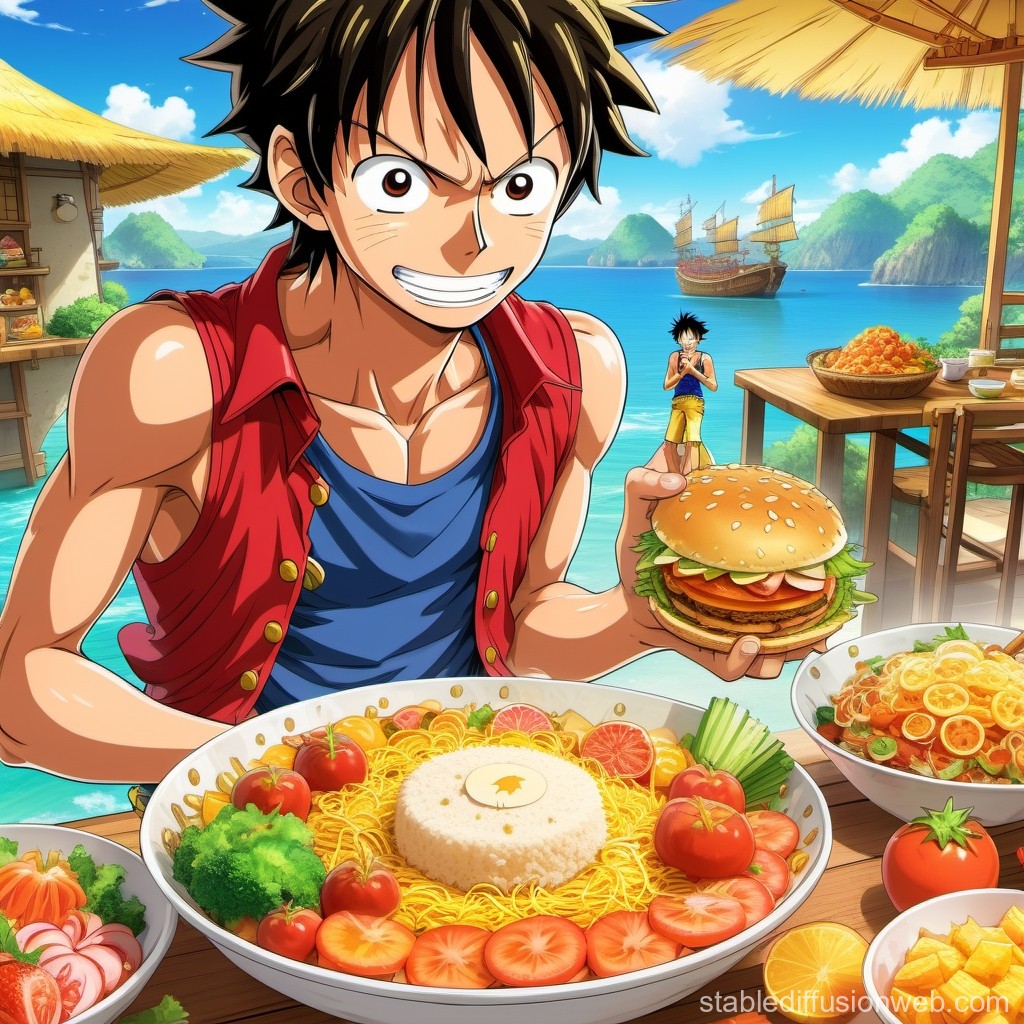 Anime Character Enjoying a Feast by the Sea
