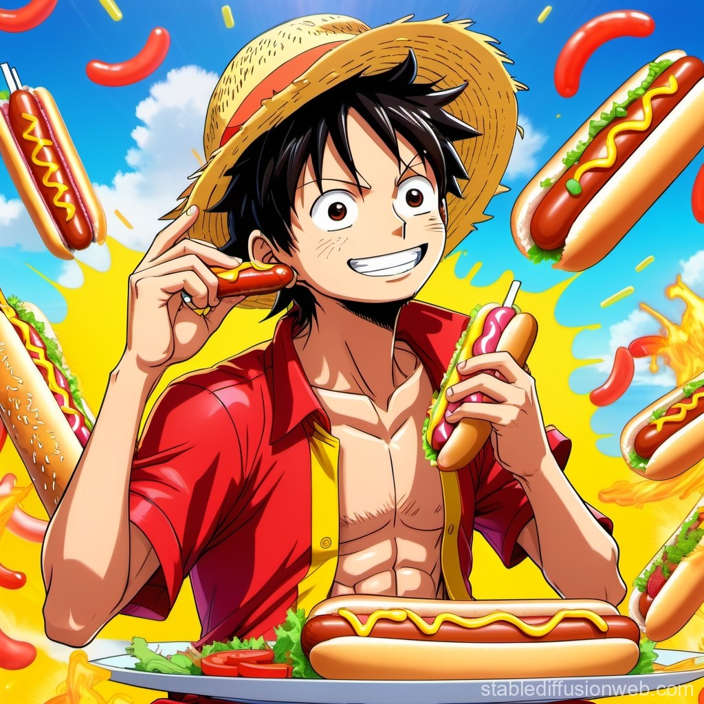 Anime Character Enjoying Hot Dogs in Vibrant Style