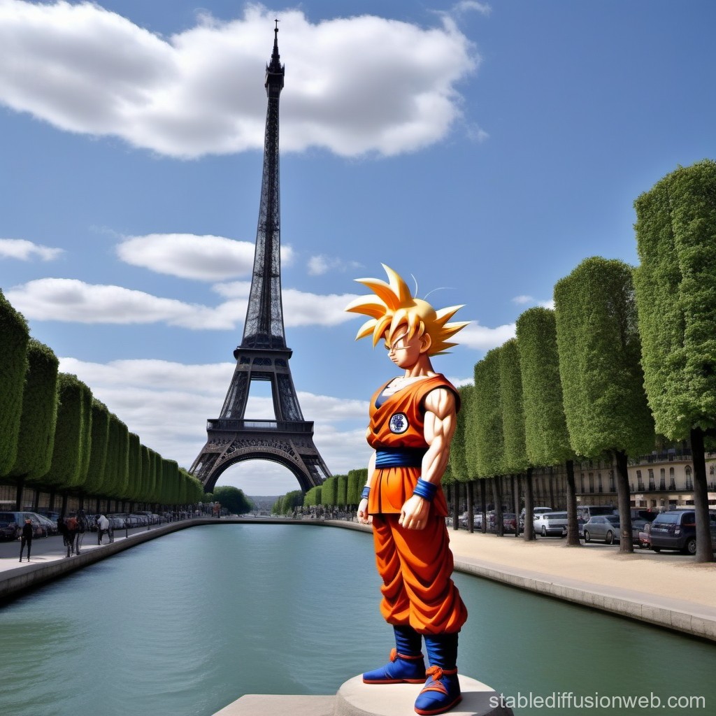 Anime Character Goku Standing by Eiffel Tower in Paris