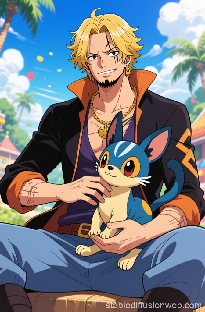 Anime Character Holding Cute Blue Cat in Sunny Outdoor Setting
