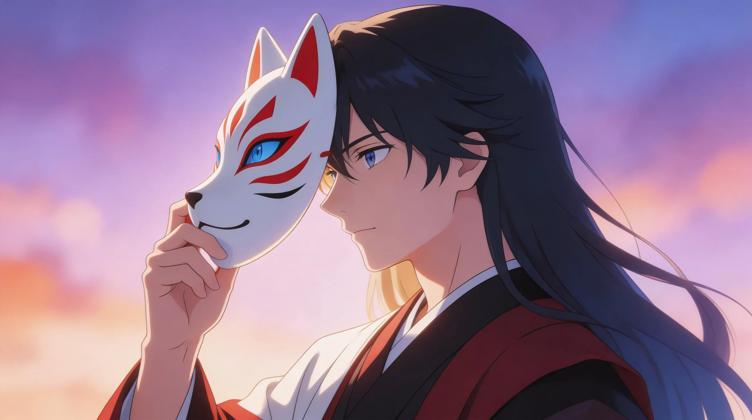Anime Character Holding Kitsune Fox Mask at Sunset