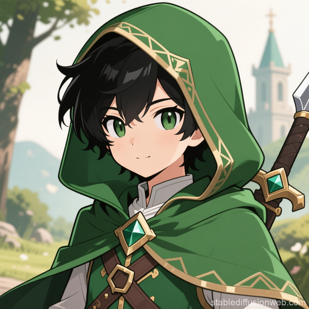 Anime Character in Green Hooded Cloak with Sword