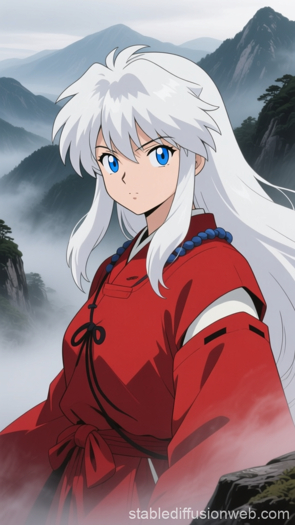 Anime Character in Red Robe Amidst Foggy Mountain Landscape