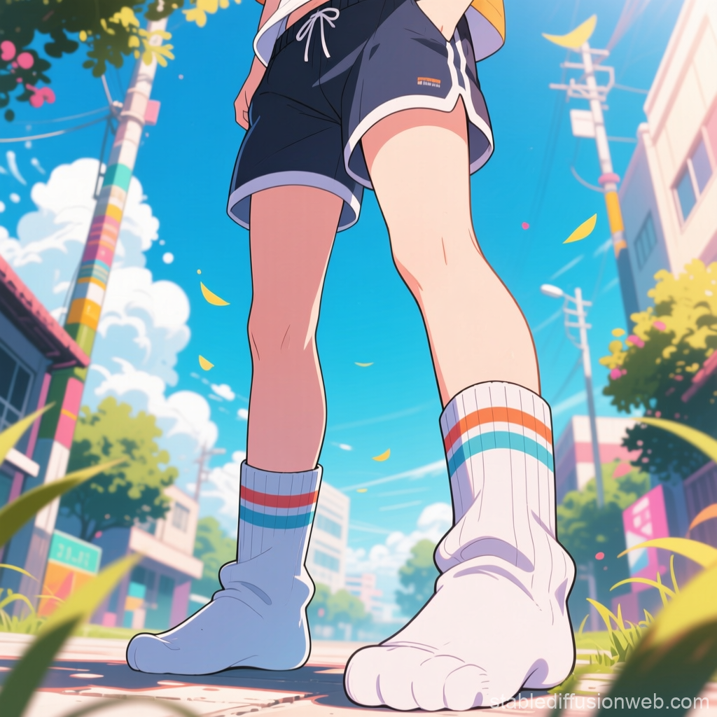 Anime Character in Shorts and Striped Socks on Sunny Street