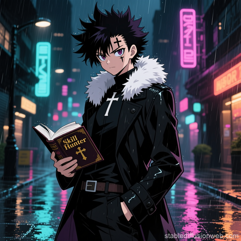 Anime Character Reading 'Skill Hunter' in Rainy Neon City