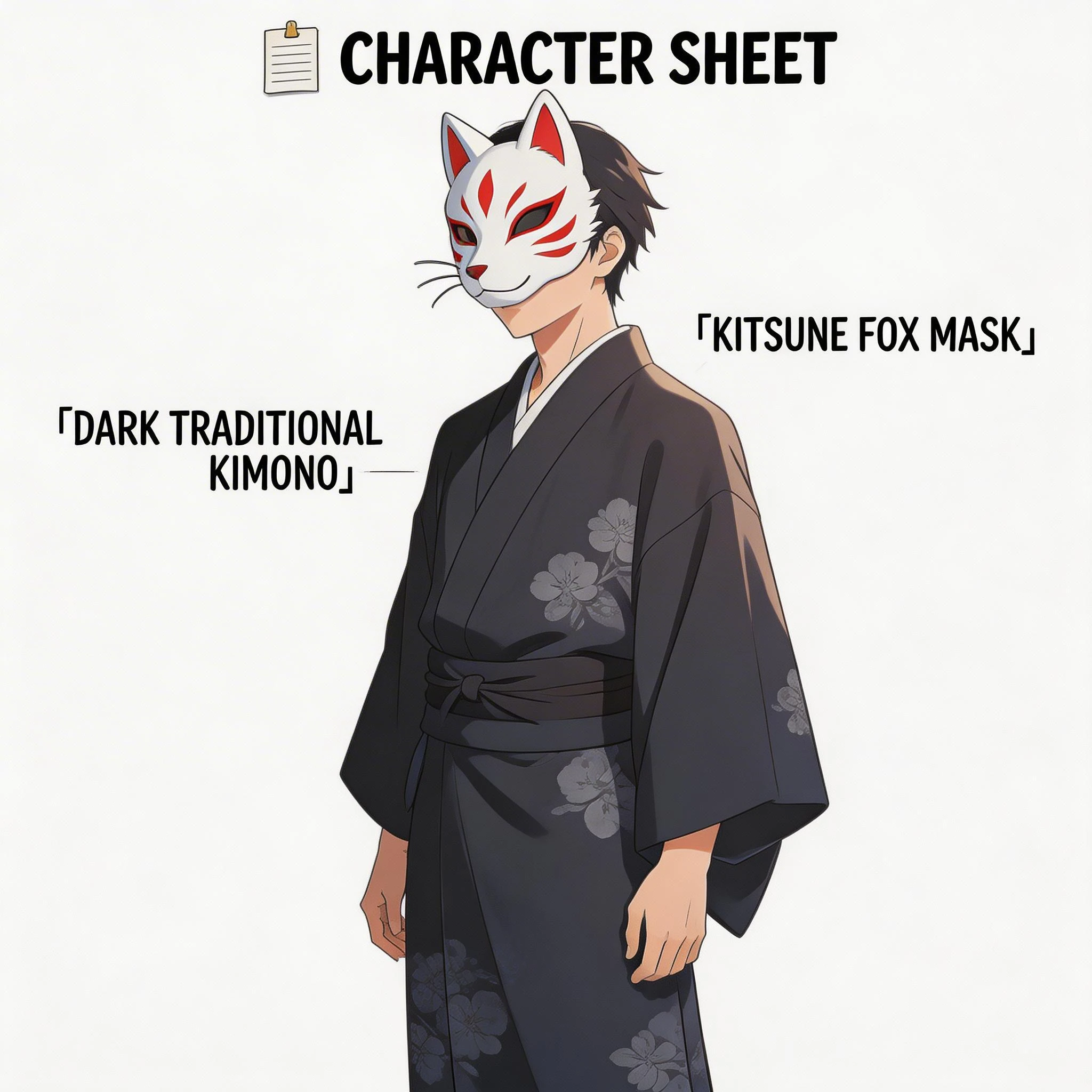Anime Character Sheet Featuring Kitsune Fox Mask and Dark Kimono