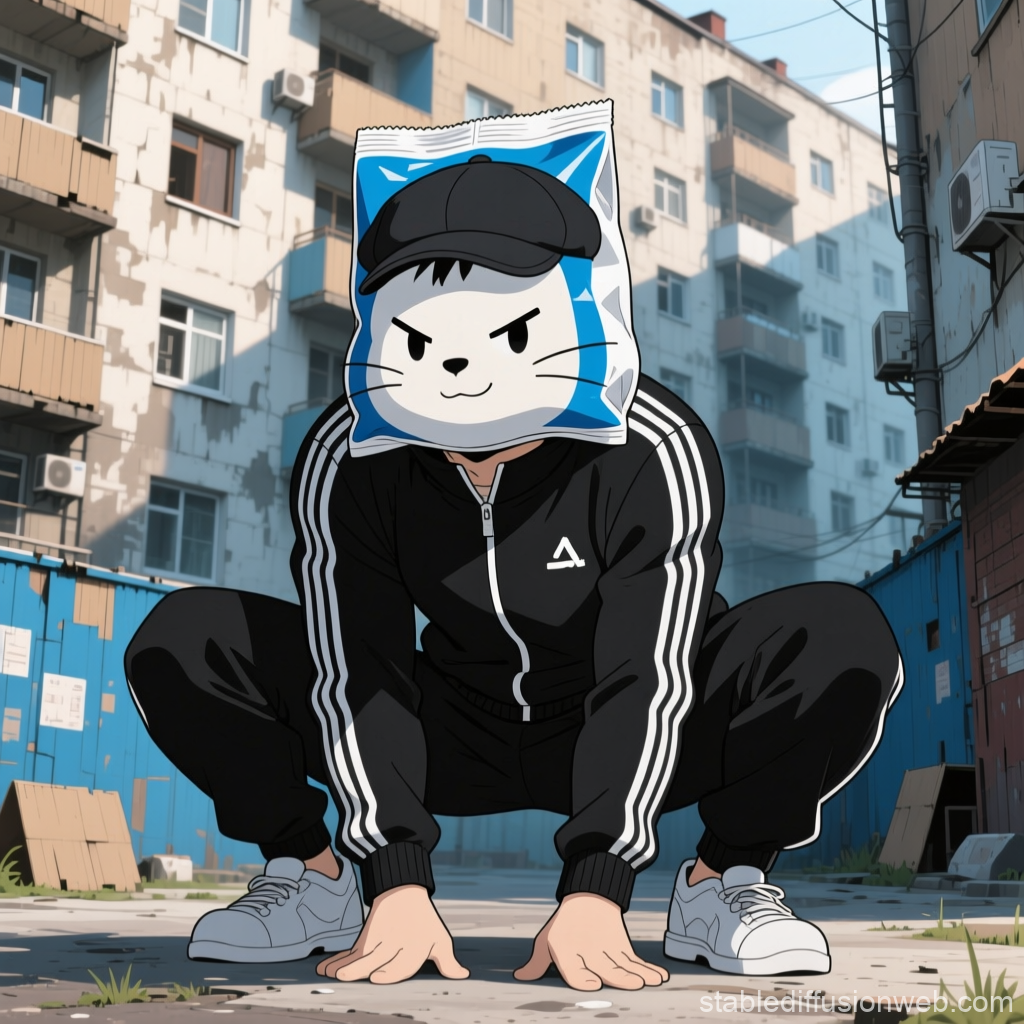 Anime Character Squatting in Urban Alley with Cat Face Mask